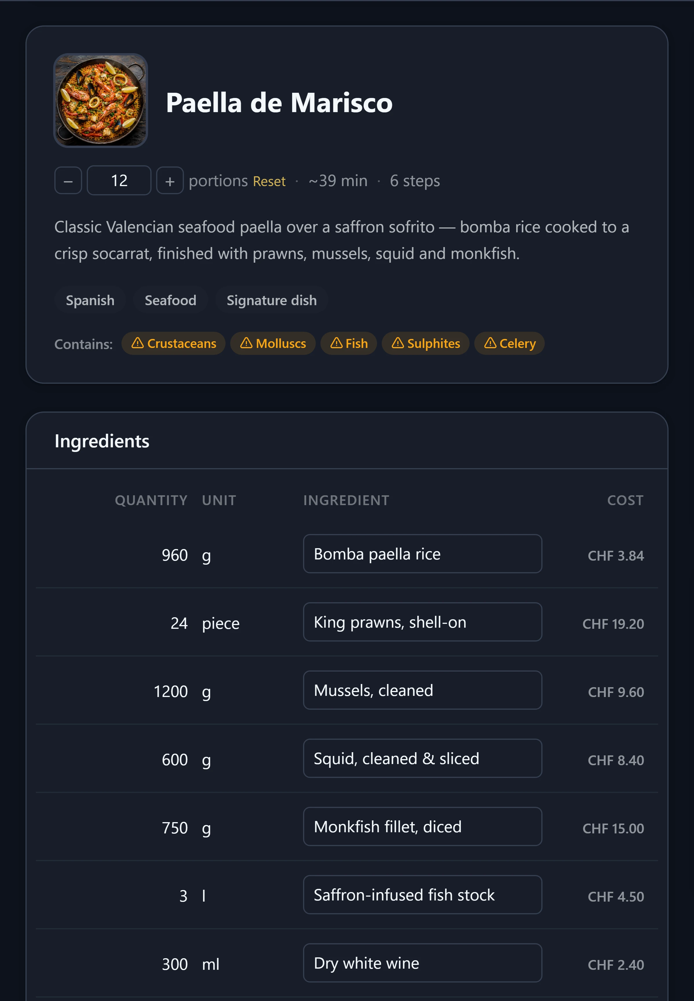 Trolevo recipe view: a seafood paella scaled to 12 portions with an automatically generated EU-14 allergen label and CHF ingredient costs.