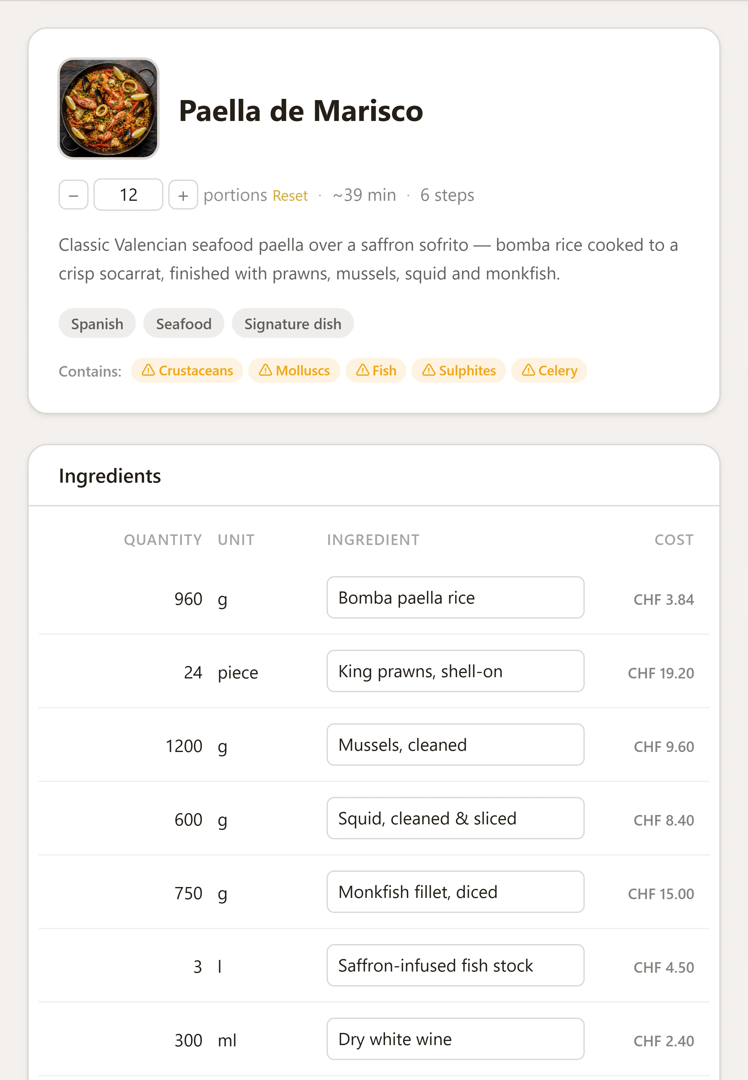 Trolevo recipe view: a seafood paella scaled to 12 portions with an automatically generated EU-14 allergen label and CHF ingredient costs.
